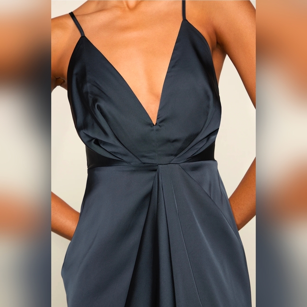 Lulus Caught Feelings Navy Blue Satin Ruffled Midi Dress Size XS - Picture 7 of 12